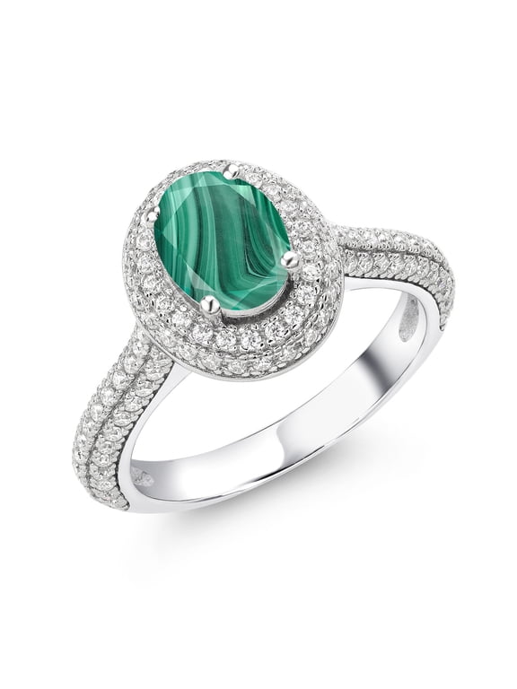 925 Sterling Silver Green Malachite and White Moissanite Ring for Women | 2.64 Cttw | Oval 8X6MM | Size 5