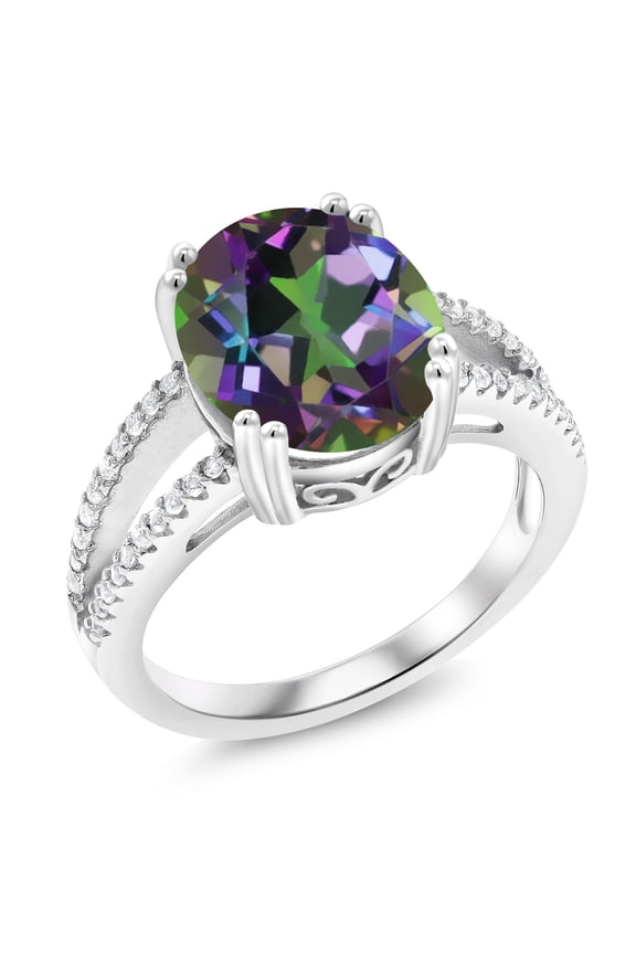 925 Sterling Silver Green Mystic Quartz Ring for Women (4.48 Cttw, Oval 12X10MM, Gemstone Birthstone, Available in Size 5, 6, 7, 8, 9)