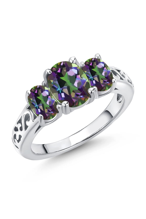 925 Sterling Silver Green Mystic Topaz Filigree Style 3 Stone Ring for Women (2.78 Cttw, Oval 8X6MM and 6X4MM, Size 8)