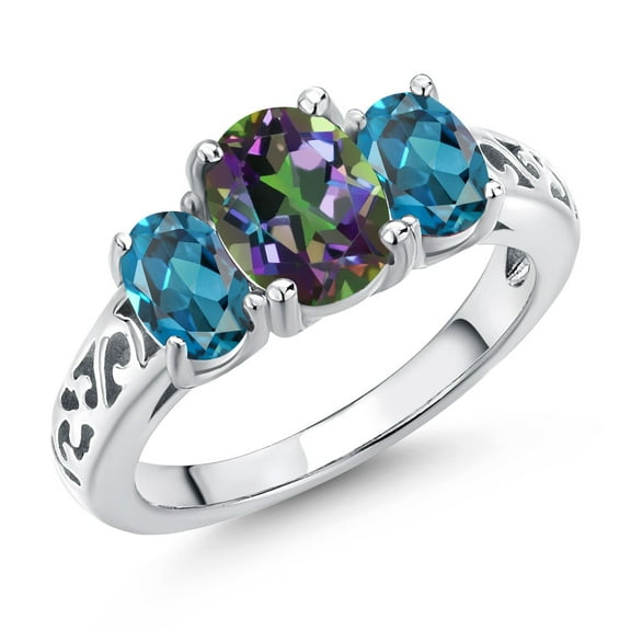 Gem Stone King 2.78 Cttw Green Mystic Topaz and London Blue Topaz Filigree Style 3 Stone Ring for Women | 925 Silver | Oval 8X6MM and 6X4MM | Three Stone Wedding Engagement Anniversary Ring | Size 8