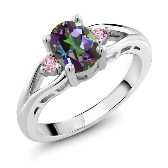 Gem Stone King 925 Sterling Silver Green Mystic Topaz and Pink Lab Grown Diamond 3 Stone Engagement Ring for Women | 1.65 Cttw | Oval 8X6MM | Round 2MM | Gemstone November Birthstone | Size 6