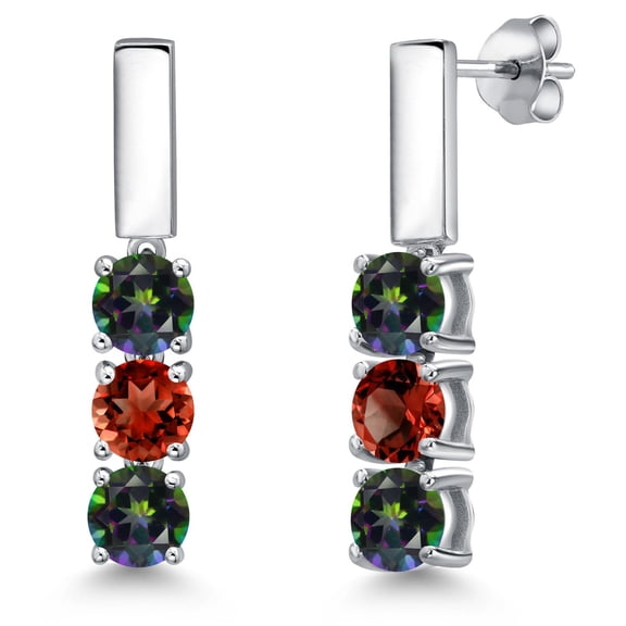 Gem Stone King 925 Sterling Silver Green Mystic Topaz and Red Garnet Drop Dangle Earrings for Women | 1.65 Cttw | Gemstone November Birthstone | Round 5MM