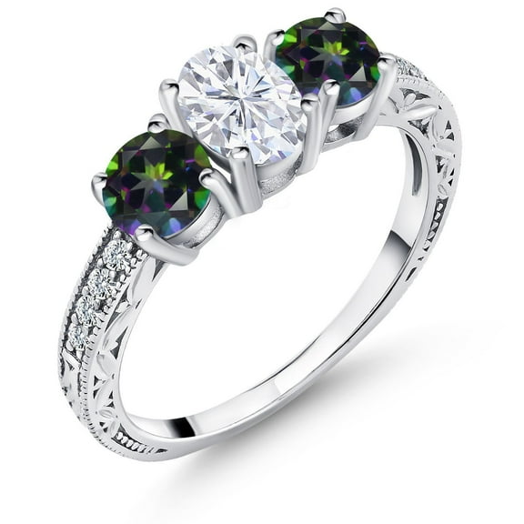 Gem Stone King 925 Sterling Silver Green Mystic Topaz Ring Set with Oval Moissanite (2.12 Cttw) (Size 5)
