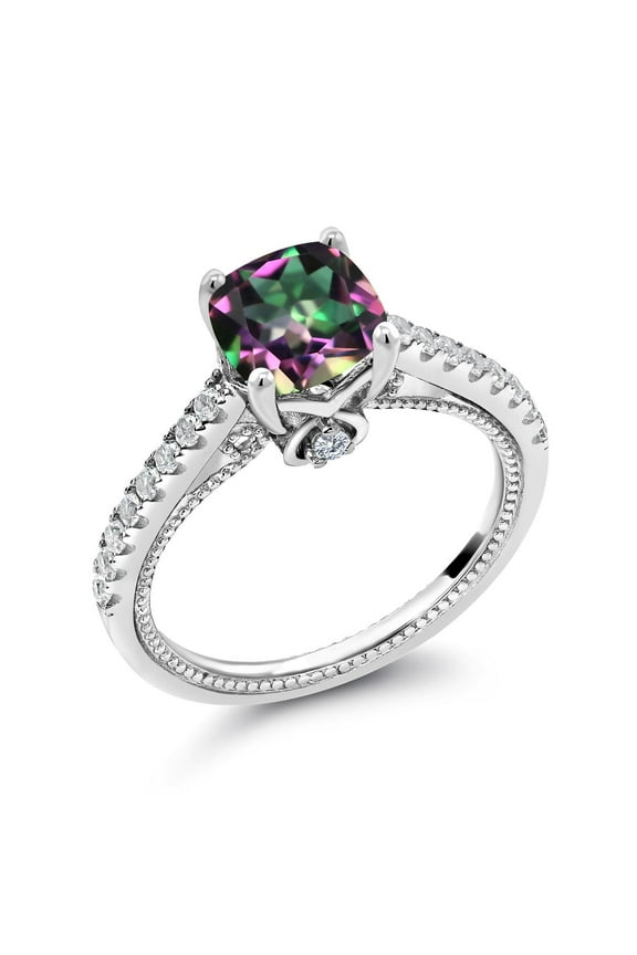 925 Sterling Silver Green Mystic Topaz and White Created Sapphire Engagement Ring for Women (2.30 Cttw, Cushion 7MM, Available in Size 5, 6, 7, 8, 9)