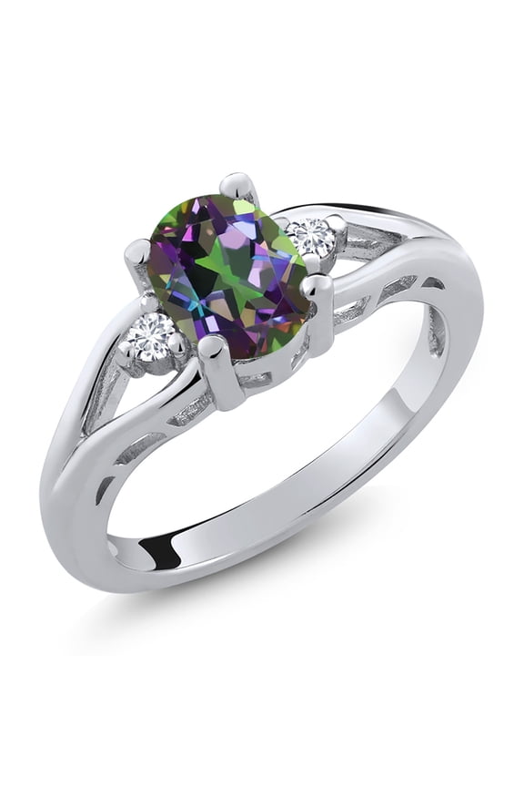 925 Sterling Silver Green Mystic Topaz and White Lab Grown Diamond 3 Stone Engagement Ring for Women | 1.65 Cttw | Oval 8X6MM | Round 2MM | Gemstone November Birthstone | Size 8