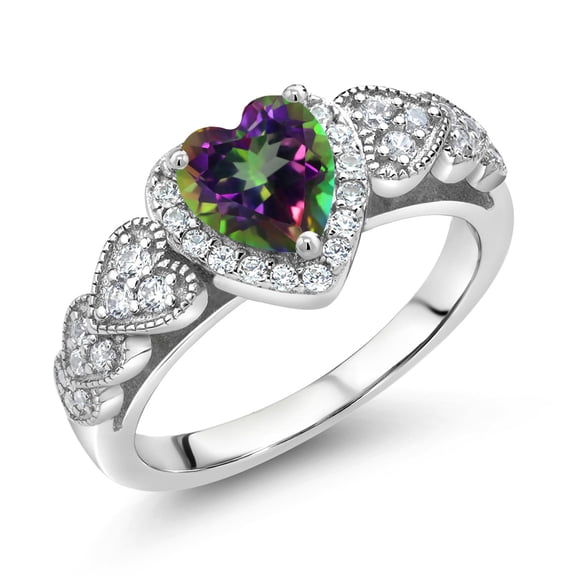 Gem Stone King 925 Sterling Silver Green Mystic Topaz and White Moissanite Halo Ring for Women | 1.13 Cttw | Heart Shape 6MM | Gemstone November Birthstone | Size 9
