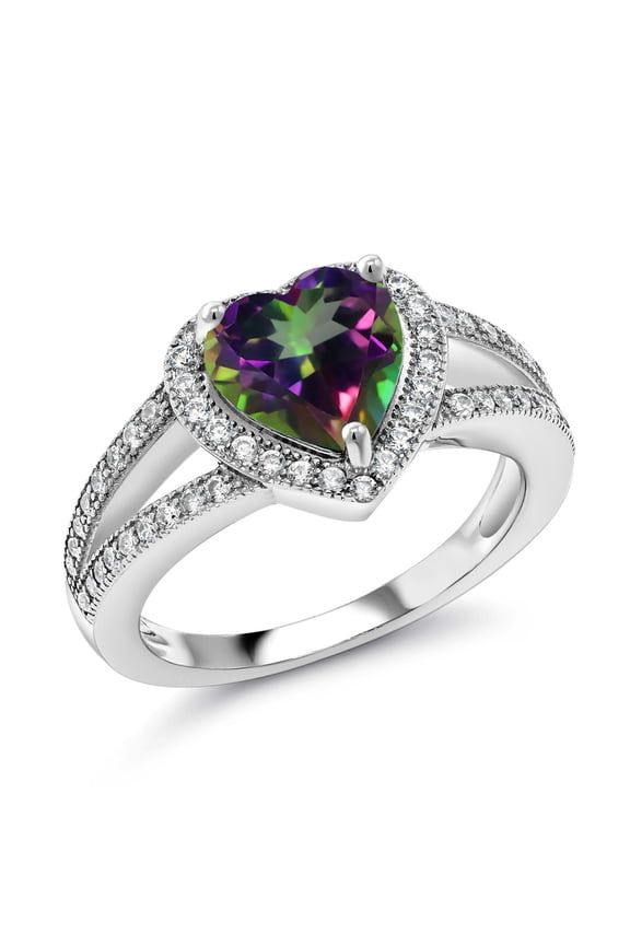 925 Sterling Silver Green Mystic Topaz and White Moissanite Ring for Women (2.91 Cttw, Gemstone Birthstone, Heart Shape 8MM, Available in Size 5,6,7,8,9)