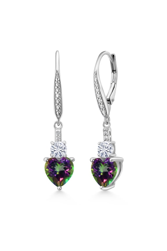925 Sterling Silver Green Mystic Topaz White Moissanite and White Lab Grown Diamond Drop Dangle Earrings for Women (3.49 Cttw, Heart Shape 7MM, Round 4MM)