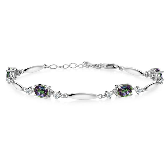 Gem Stone King 925 Sterling Silver Green Mystic Topaz and White Topaz Tennis Bracelet for Women | 4.32 Cttw | Gemstone November Birthstone | Oval 7X5MM | 6 inch + 1 inch Extender