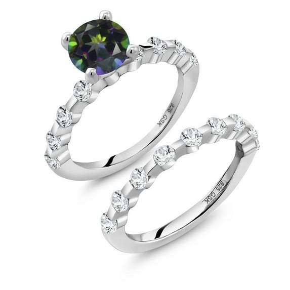 Gem Stone King 925 Sterling Silver Green Mystic Topaz and White Topaz Wedding Engagement Ring Band Bridal Set for Women (2.66 Cttw, Gemstone November Birthstone, Round 7MM, Size 6)