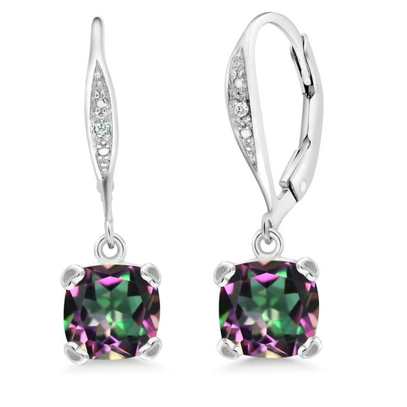 Gem Stone King 925 Sterling Silver Green Mystic Topaz and White Diamond Earrings for Women (3.41 Cttw, Gemstone November Birthstone, Cushion 7MM)