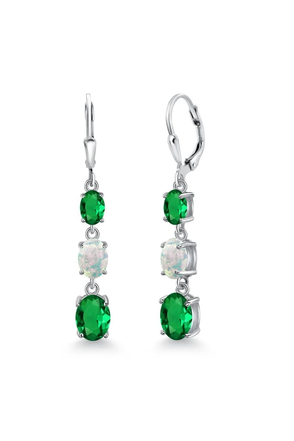925 Sterling Silver Green Nano Emerald 3 Stone Dangle Earrings for Women (4.30 Cttw, Gemstone May Birthstone, Oval 8X6MM, 7X5MM and 6X4MM)