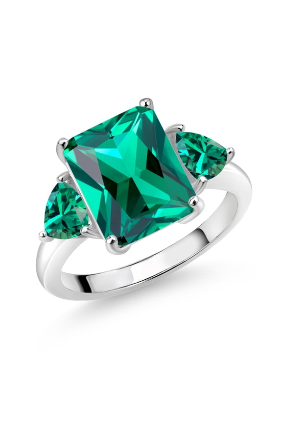 925 Sterling Silver Green Nano Emerald 3 Stone Ring for Women (6.42 Cttw, Emerald Cut 12X10MM, Trillion 5X5MM, Gemstone May Birthstone, Size 7)
