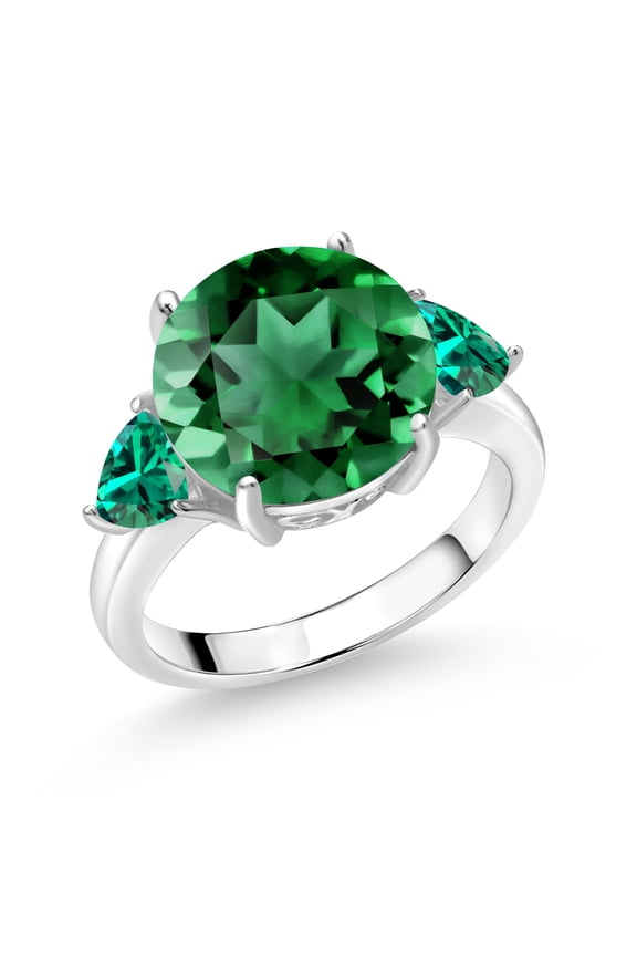 925 Sterling Silver Green Nano Emerald 3-Stone Ring for Women (5.94 Cttw, Round 12MM, Trillion 5MM, Size 8)