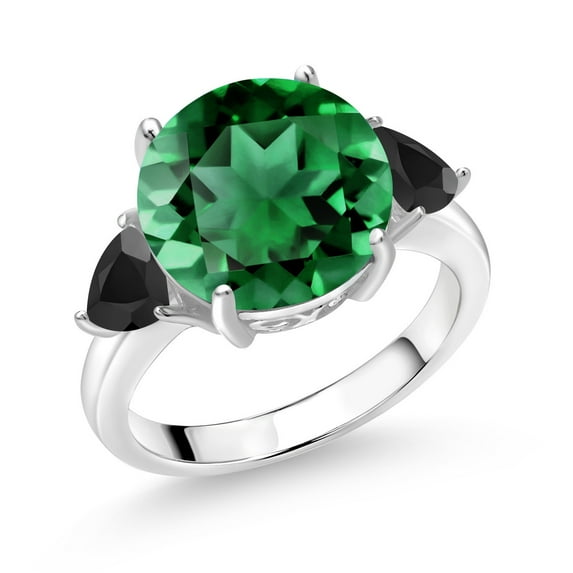Gem Stone King 925 Sterling Silver Green Nano Emerald and Black Onyx 3-Stone Ring for Women (5.72 Cttw, Round 12MM, Trillion 5MM, Size 8)