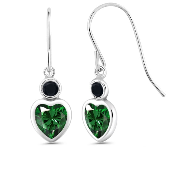 Gem Stone King 925 Sterling Silver Green Nano Emerald and Black Onyx French Wire Dangle Hook Earrings for Women (1.60 Cttw, Gemstone May Birthstone, Heart Shape 6MM)