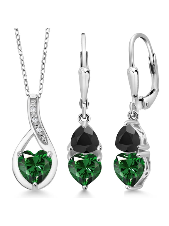 925 Sterling Silver Green Nano Emerald and Black Onyx Pendant Earrings Set for Women (3.12 Cttw, Gemstone May Birthstone, with 18 inch Chain)