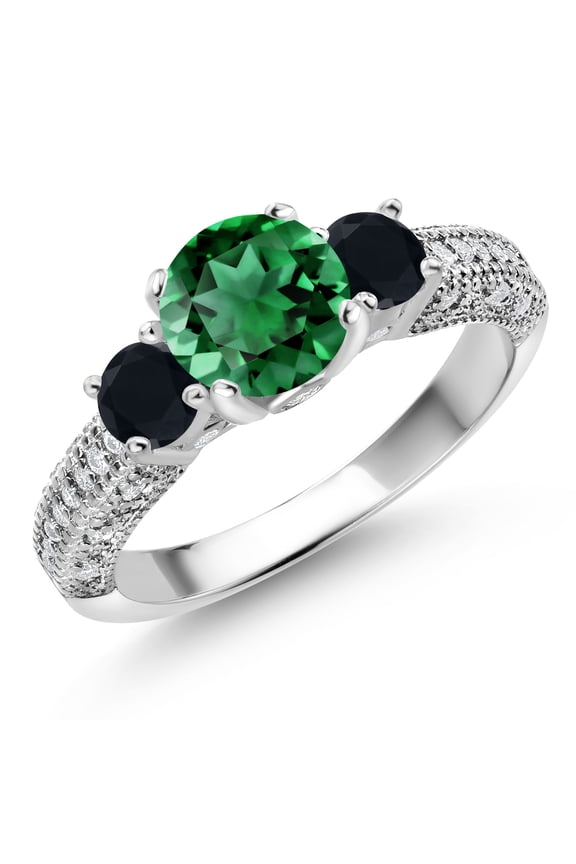 925 Sterling Silver Green Nano Emerald Black Onyx and White Moissanite Engagement Ring for Women (1.74 Cttw, Gemstone May Birthstone, Round 7MM and 4MM, Size 8)