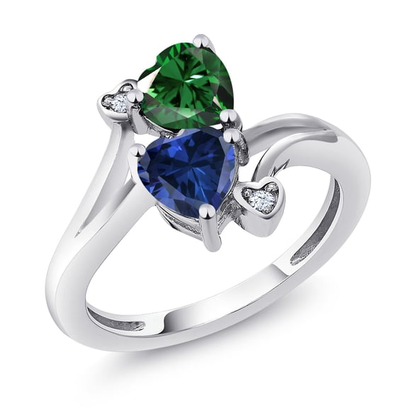 Gem Stone King 1.51 Cttw Green Nano Emerald and Blue Created Sapphire Heart Ring for Women | 925 Sterling Silver | Heart Shape 6MM | Wedding Engagement Anniversary Promise Ring for Women | Size 9