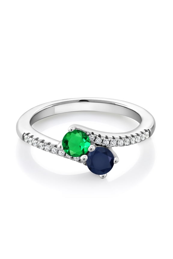 925 Sterling Silver Green Nano Emerald and Blue Sapphire Bypass Ring for Women (0.89 Cttw, Gemstone May Birthstone, Round 4MM, Available in Size 5, 6, 7, 8, 9)