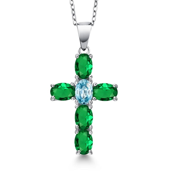 Gem Stone King 925 Sterling Silver Green Nano Emerald and Blue Zircon Cross Pendant Necklace for Women | 2.65 Cttw | Gemstone May Birthstone | Oval 6X4MM | With 18 inch Chain