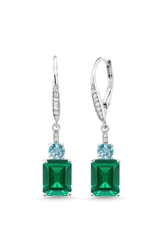 925 Sterling Silver Green Nano Emerald and Blue Zircon Dangle Earrings for Women (5.00 Cttw, Gemstone May Birthstone, Emerald Cut 9X7MM)