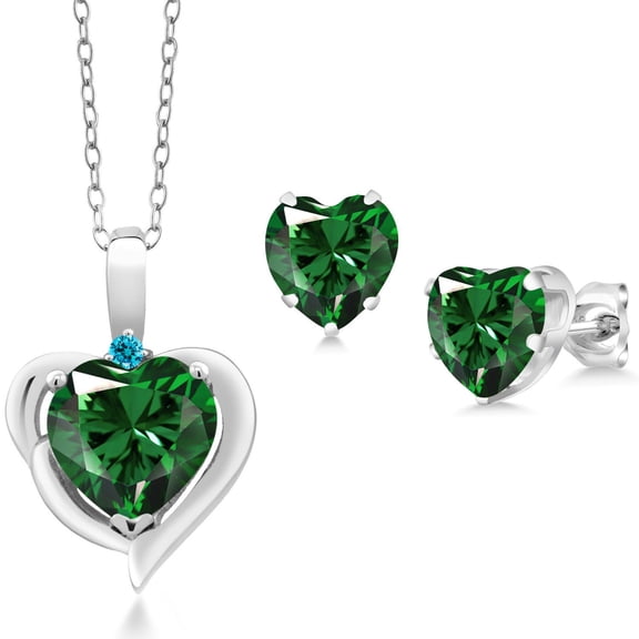 Gem Stone King 925 Sterling Silver Green Nano Emerald and Blue Zirconia Pendant Necklace Earrings Set for Women (2.81 Cttw, Heart Shape 8MM and 6MM, with 18 inch Chain)