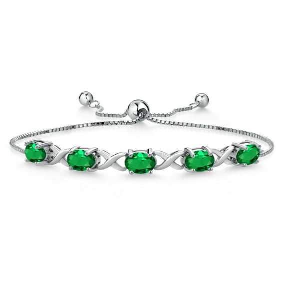 Gem Stone King 925 Sterling Silver Green Nano Emerald Bracelet for Women (3.00 Cttw, Gemstone May Birthstone, Oval 7X5MM, Fully Adjustable up to 9 inches)