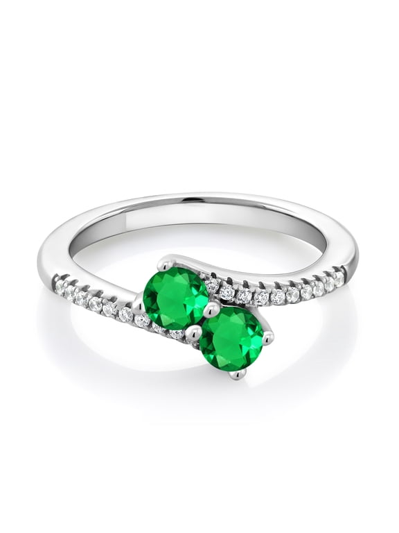 925 Sterling Silver Green Nano Emerald Bypass Ring for Women (0.84 Cttw, Gemstone May Birthstone, Round 4MM, Available in Size 5, 6, 7, 8, 9)