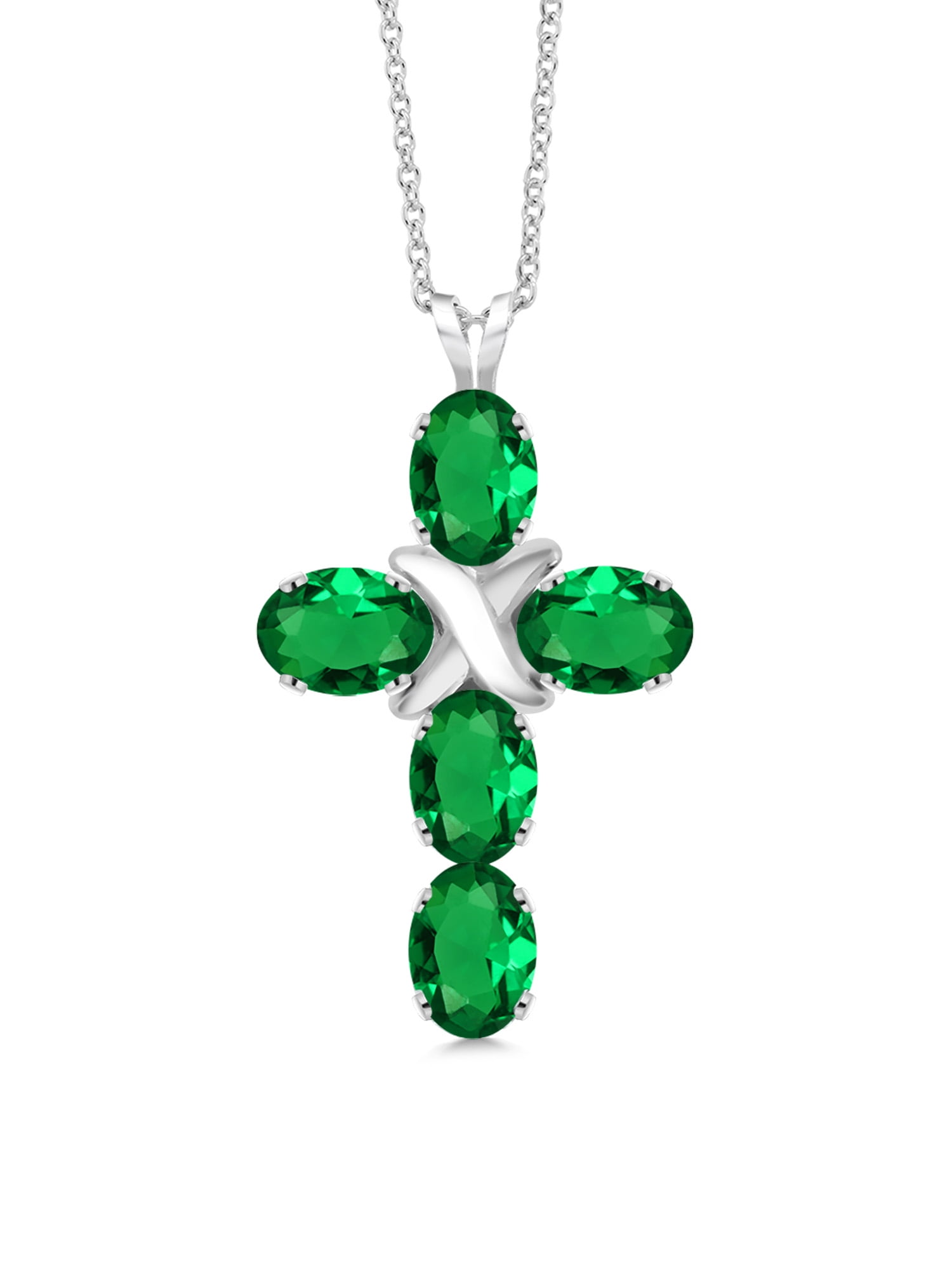 Gem Stone King 925 Sterling Silver Green Nano Emerald Cross Pendant Necklace For Women (2.00 Cttw, Gemstone May Birthstone, Oval 6X4MM, With 18 inch Silver Chain)