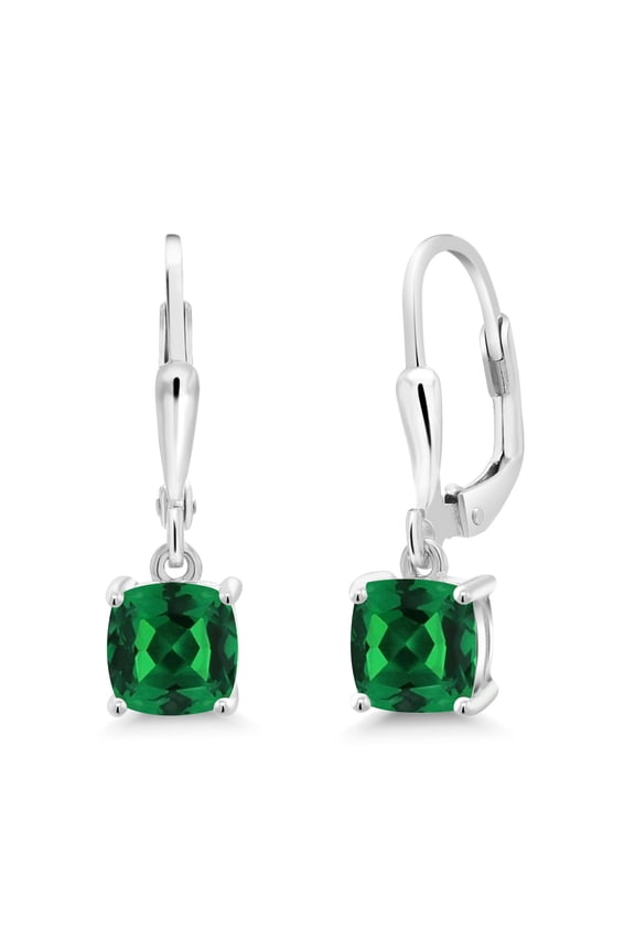 925 Sterling Silver Green Nano Emerald Dangle Earrings for Women (2.00 Cttw, Gemstone May Birthstone, Cushion 6MM)