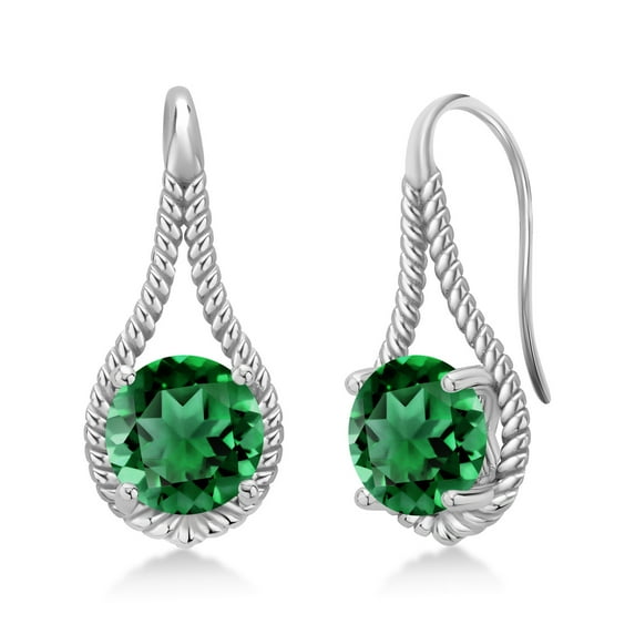 Gem Stone King 925 Sterling Silver Green Nano Emerald Dangle Earrings for Women (2.44 Cttw, Round 7MM)
