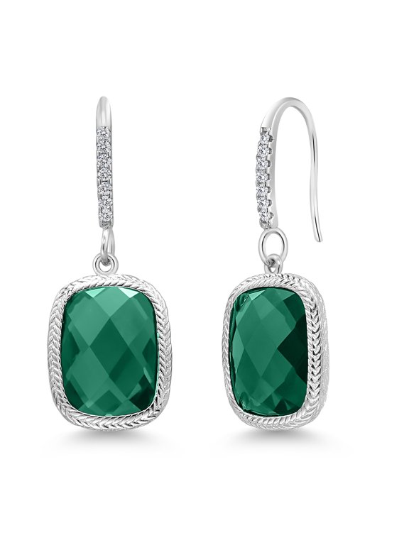 925 Sterling Silver Green Nano Emerald Drop Dangle Earrings for Women (4.60 Cttw, 13X9MM Cushion Checkerboard Cut)