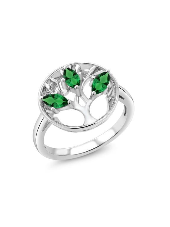 0.60 Cttw Green Nano Emerald Family Tree of Life Ring for Women | 925 Sterling Silver | Gemstone May Birthstone | Wedding Engagement Anniversary Promise Ring for Women| Size 8
