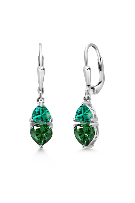925 Sterling Silver Green Nano Emerald and Green Nano Emerald Dangle Leverback Earrings for Women (2.34 Cttw, Gemstone May Birthstone, Heart Shape 6MM, Trillion 5MM)