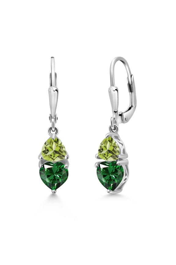 925 Sterling Silver Green Nano Emerald and Green Peridot Dangle Leverback Earrings for Women (2.36 Cttw, Gemstone May Birthstone, Heart Shape 6MM, Trillion 5MM)