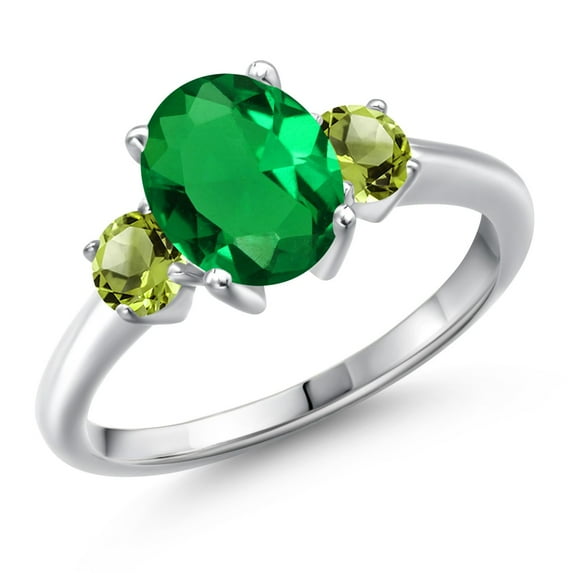 Gem Stone King 925 Sterling Silver Green Nano Emerald and Green Peridot Engagement Ring for Women | 2.10 Cttw | Oval 9X7MM | Gemstone May Birthstone | Size 8