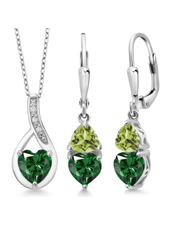 925 Sterling Silver Green Nano Emerald and Green Peridot Pendant Earrings Set for Women (3.36 Cttw, Gemstone May Birthstone, with 18 inch Chain)