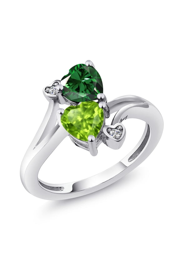 1.50 Cttw Green Nano Emerald Green Peridot and White Moissanite Ring for Women | 925 Sterling Silver | Heart Shape 6MM | Gemstone May Birthstone | Available in Size 5, 6, 7, 8, 9