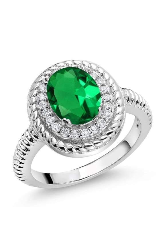 925 Sterling Silver Green Nano Emerald Halo Engagement Ring for Women | 1.76 Cttw | Oval 9X7MM (Size 8)