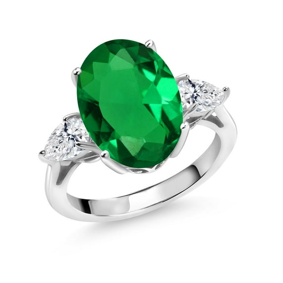 Gem Stone King 925 Sterling Silver Green Nano Emerald and Lab Grown Diamond Engagement Ring for Women | 4.70 Cttw | Oval 14X10MM | Gemstone May Birthstone | Size 8