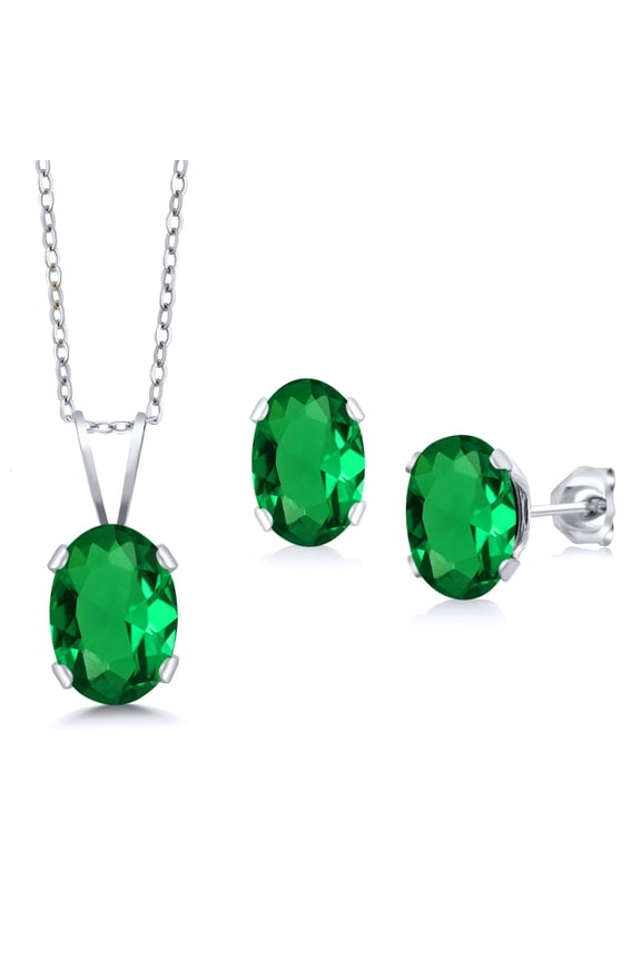 925 Sterling Silver Green Nano Emerald Pendant Earrings Jewelry Set for Women | 1.40 Cttw | Gemstone May Birthstone | Oval 7X5MM | with 18 inch Chain