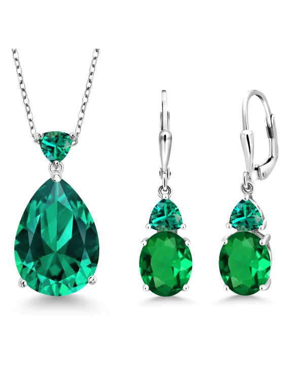 925 Sterling Silver Green Nano Emerald Pendant Earrings Jewelry Set for Women (14.66 Cttw, Pear Shape 18X13MM, Gemstone May Birthstone, with 18 inch Chain)
