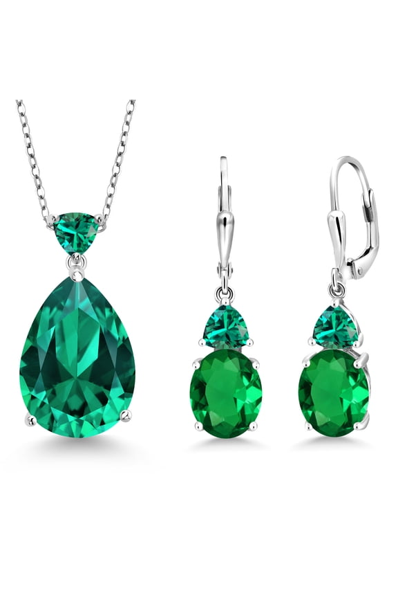 925 Sterling Silver Green Nano Emerald Pendant Earrings Jewelry Set for Women (14.66 Cttw, Pear Shape 18X13MM, Gemstone May Birthstone, with 18 inch Chain)