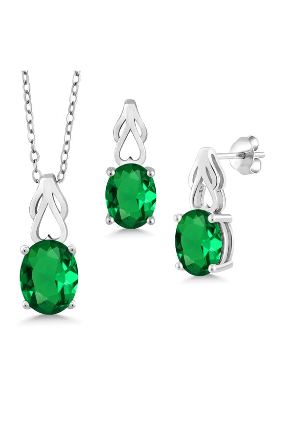 925 Sterling Silver Green Nano Emerald Pendant and Earrings Jewelry Set for Women | 4.50 Cttw | Oval 9X7 | Gemstone May Birthstone | with 18 inch Chain