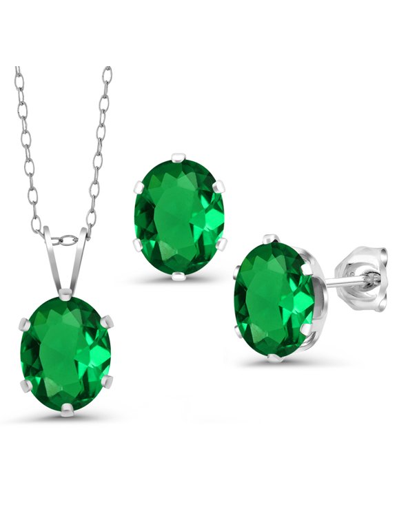 925 Sterling Silver Green Nano Emerald Pendant Earrings Set for Women (3.00 Cttw, Gemstone May Birthstone, Oval 8X6MM, With 18 inch Chain)
