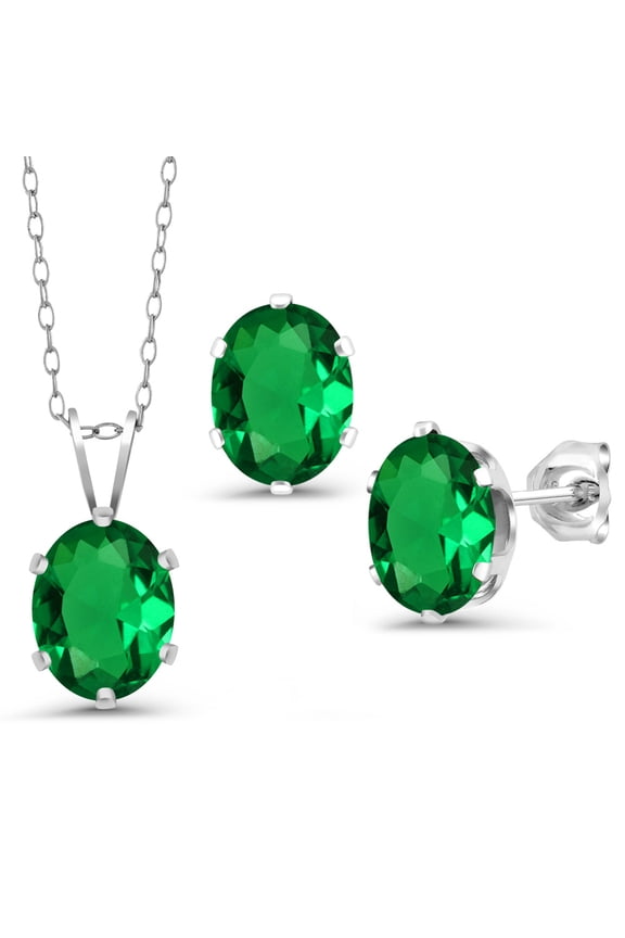 925 Sterling Silver Green Nano Emerald Pendant Earrings Set for Women (3.00 Cttw, Gemstone May Birthstone, Oval 8X6MM, With 18 inch Chain)