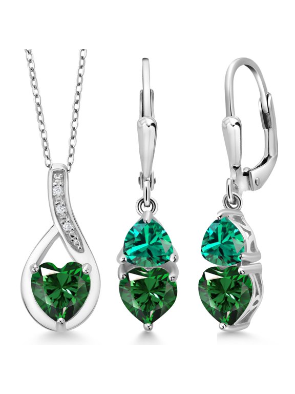 925 Sterling Silver Green Nano Emerald Pendant Earrings Set for Women (3.34 Cttw, Gemstone May Birthstone, with 18 inch Chain)