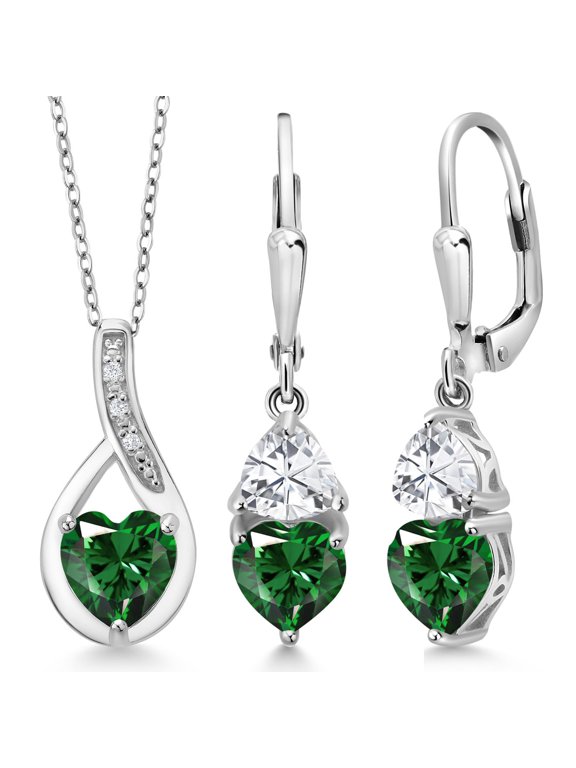 925 Sterling Silver Green Nano Emerald Pendant Earrings Set for Women (3.94 Cttw, Gemstone May Birthstone, with 18 inch Chain)