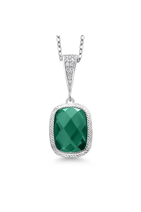 925 Sterling Silver Green Nano Emerald Pendant Necklace for Women (2.30 Cttw, 13X9MM Cushion Checkerboard Cut, 18 inch Chain)